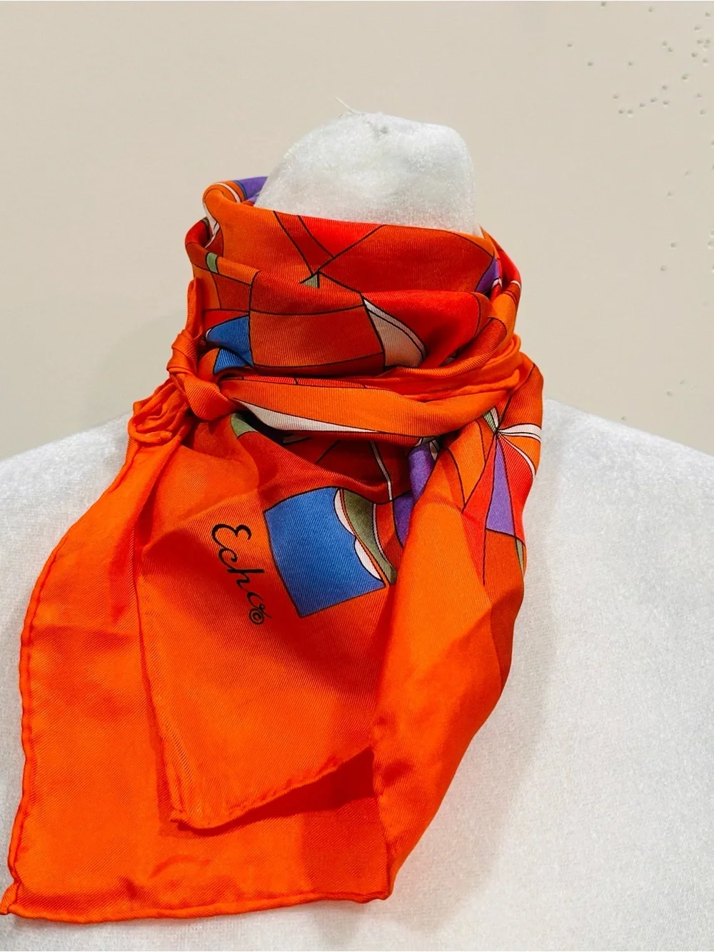 Vintage Echo Silk Scarf Orange Geometric Abstract Square Neck Head Wrap 23x23”